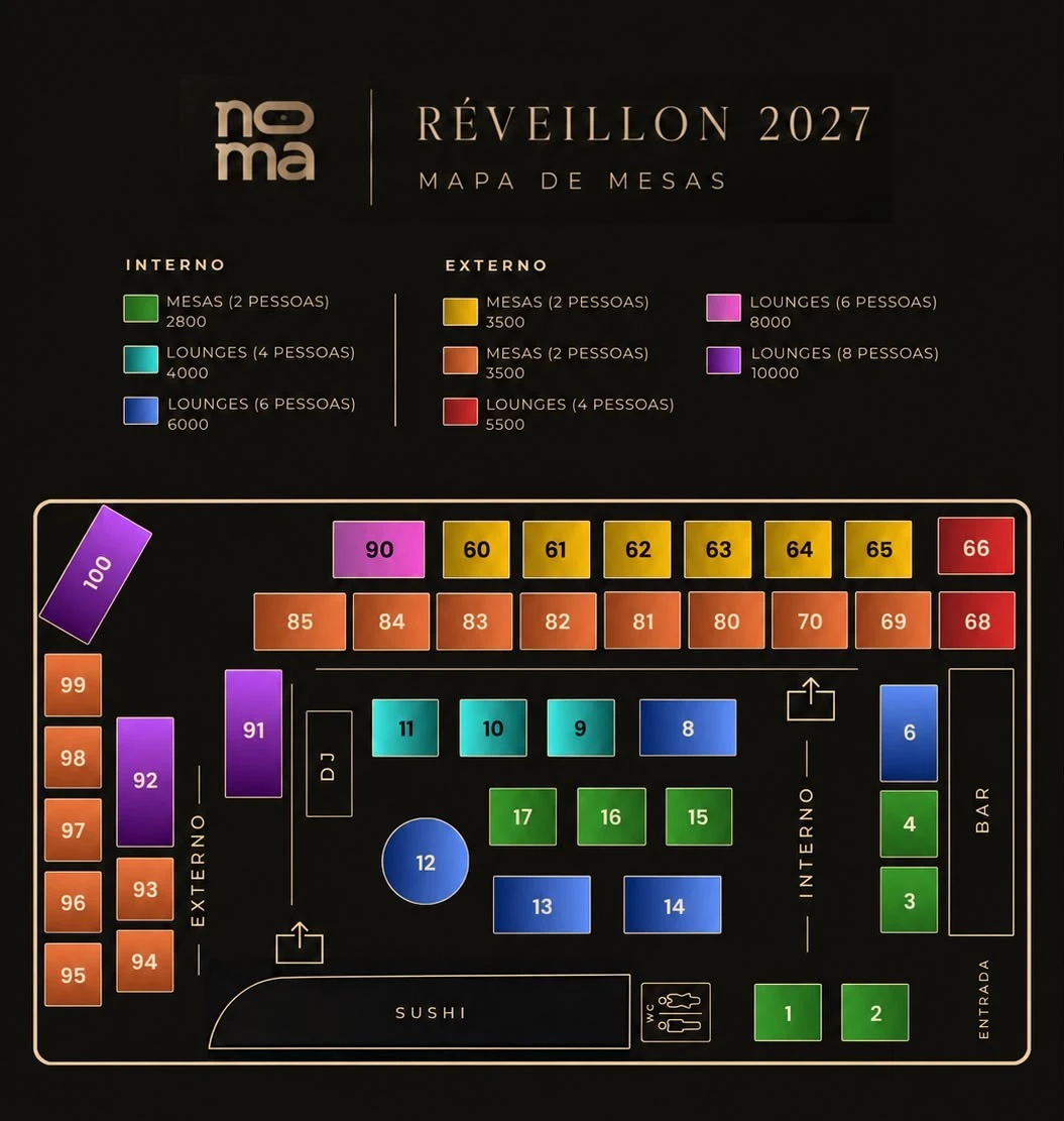 Mapa de mesas numerado do Réveillon 2027 no Noma Rooftop, com categorias e preços